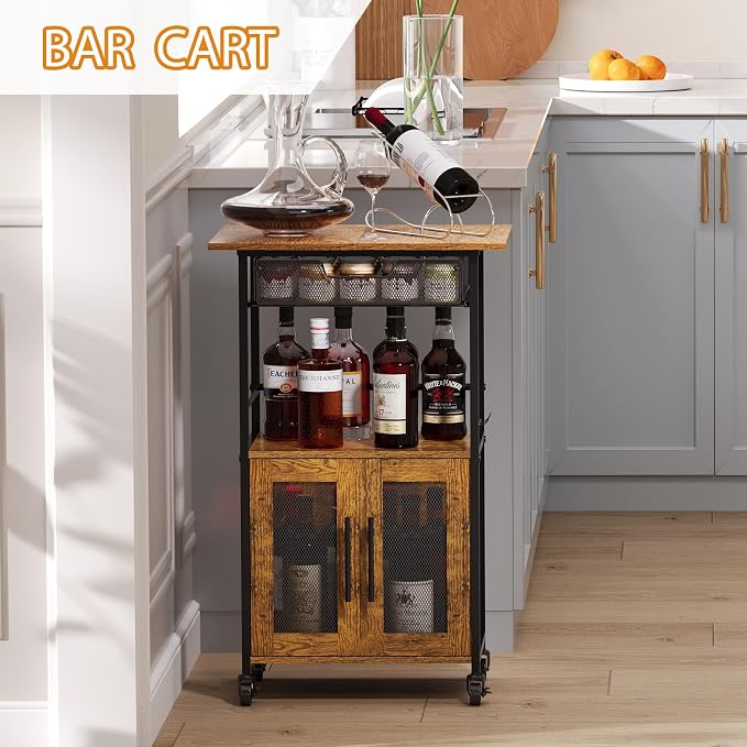 3 Tier Slim Rolling Coffee Cart with 2-Door & Pull-Out Wire Basket Drawer, Coffee Bar Cabinet on Lockable Casters, 32.7" H Microwave Cart with Storage for Home, Kitchen, Dining Room (Rustic Brown)