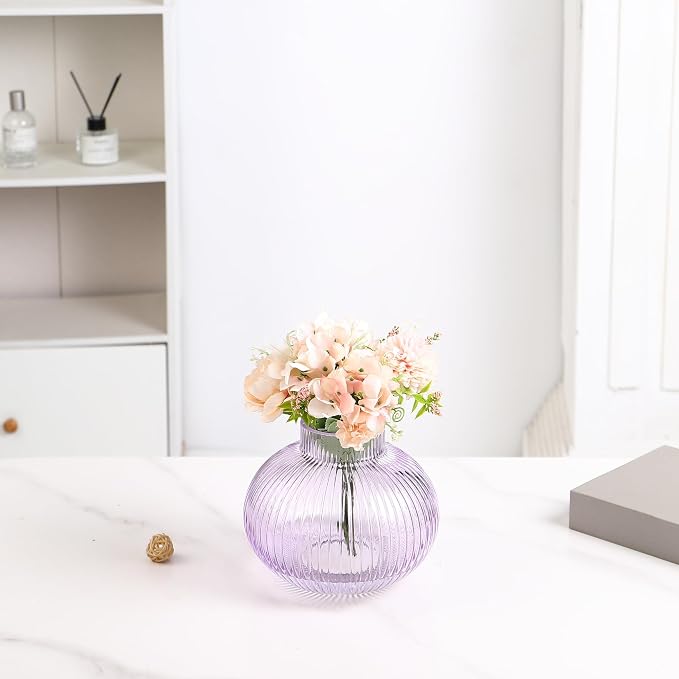 Purple Glass Vase, Flower Vases for Bouquet, Ribbed Glass Vases for Flowers, Small Purple Vase for Living Room, Office, Coffee Table, Shelf, Wedding, 6 Inches