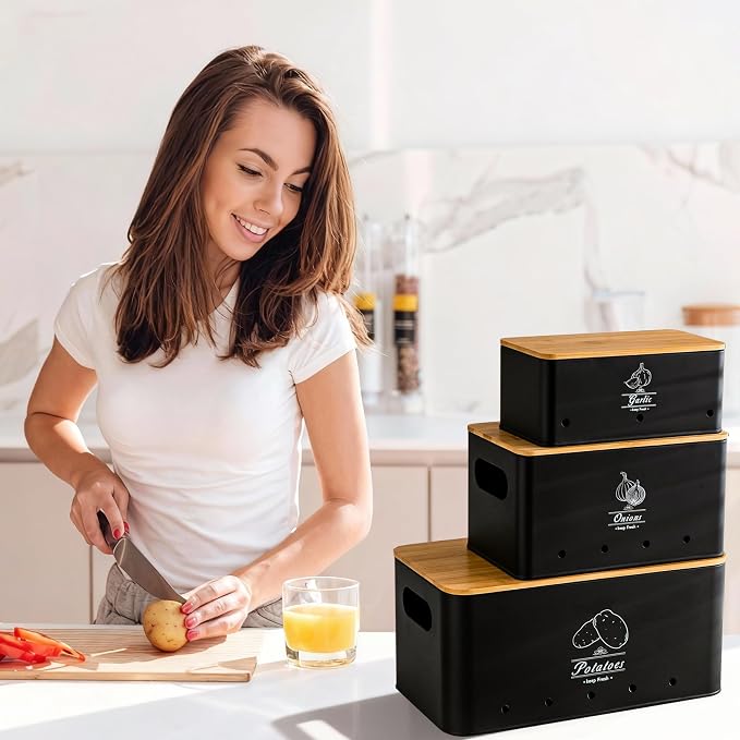 Potato Onion and Garlic Storage Bin Set of 3, Black Metal Kitchen Vegetable Canisters with Bamboo Lid and Aerating Holes, Stackable Kitchen Storage Tin for Countertop Pantry