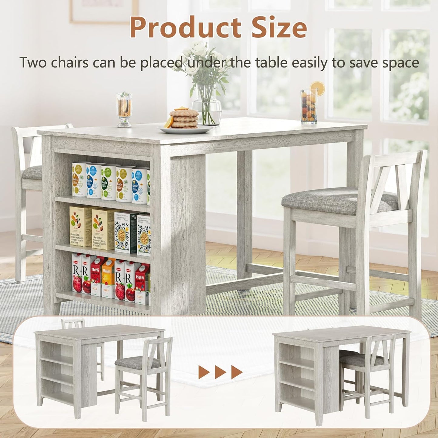 VECELO Solid Wood Dining Table Set with 2 Stools, 47'' Dining Table for 2 with Spacious Tabletop and Side Storage Shelves, for Kitchen Dining Room, Grey