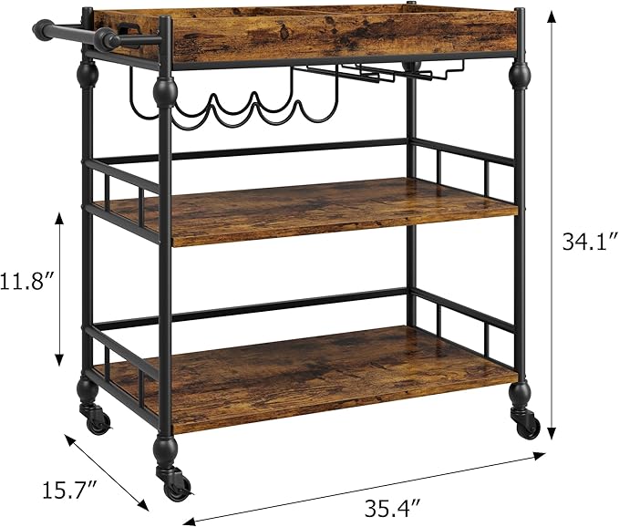 GarveeHome Bar Cart with Wheels, 3-Tier Serving Cart for Home, Mobile Rolling Beverage Cart with Wine Rack and Removable Tray for Kitchen, Dining, Living Room, 35.4" x 15.7" x 34.1", Rustic Brown