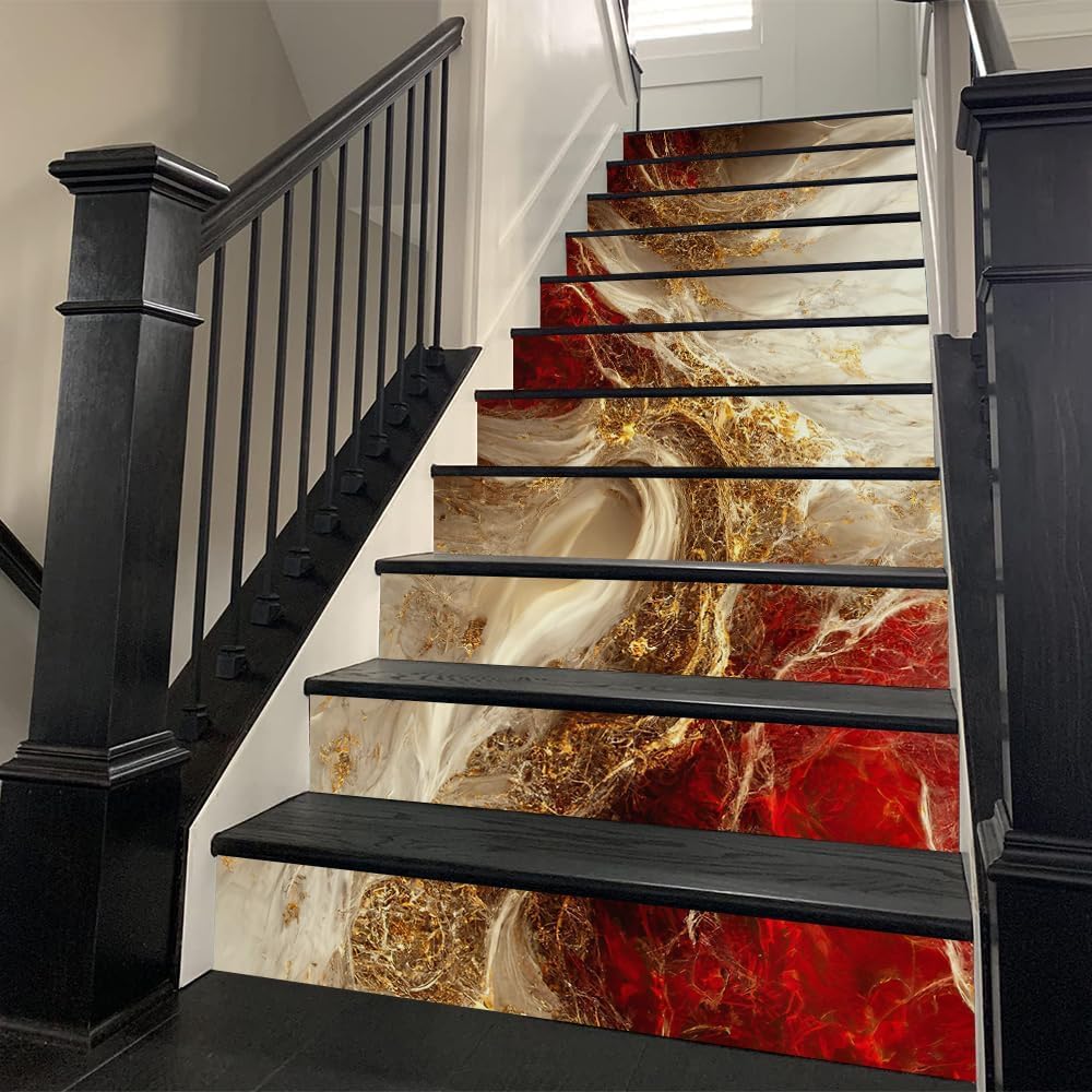REDAMANCY Golden Ruby Crystal Fluid Marble Geometric Mosaic Peel and Stick Vinyl Stair Riser Decals Staircase Tile Stickers Decor Modern Marble Decoration Self-Adhesive(14 Pcs)