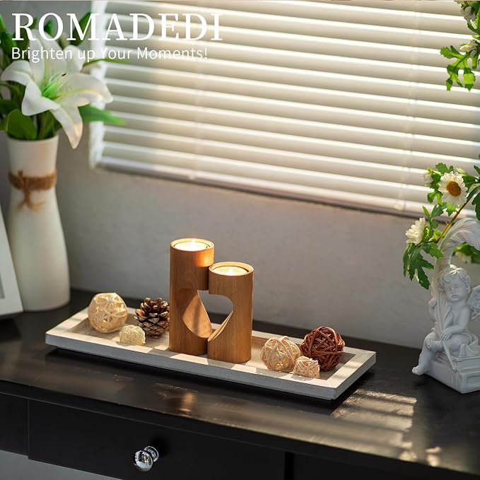 Romadedi Wooden Decorative Tray Candle Holder - 13.5 inch Wood Long Narrow Tray Home Decor Small Rustic Farmhouse Centerpieces Trays for Coffee Table Dining Room Living Room, Whitewashed