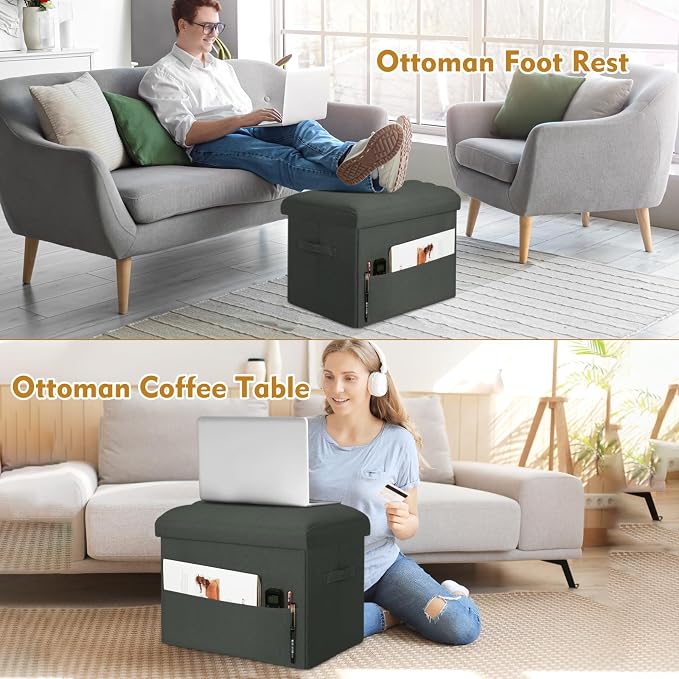 BelugaHelper Small Ottoman with Storage, Foldable Ottoman Foot Rest Stool with Thicker Foam Padded Seat. Linen Storage Bench for Bedroom Living Room, Holds Up to 300 lbs, 17x13x13IN(Black Green)