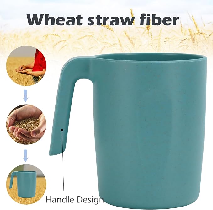 PYRMONT Wheat Straw Cups 16 Oz Alternative Plastic Cups With Handle Dishwasher & Microwave Safe Mug Set of 6 Unbreakable Cups Set for Iced Tea,Milk,Coffee-Green