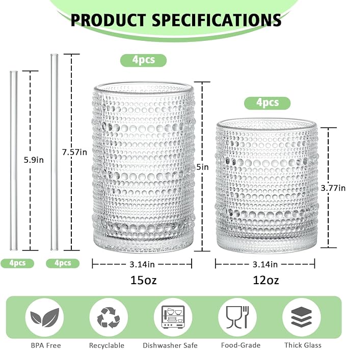 Hobnail Drinking Glasses with Straws, 15 oz & 12 oz Vintage Drinking Glasses Set of 8, Embossed Glasses Drinking Set, Textured Glass Cups for Kitchen, Beer, Juice, Cocktail, Whiskey, Milk