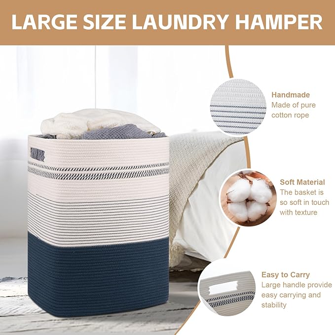 80L Large Cotton Rope Laundry Basket for Bedroom & Laundry Room, Tall Clothes Hamper with Sturdy Handles, Neutral Storage Bin Capable of Holding Blankets and Toys