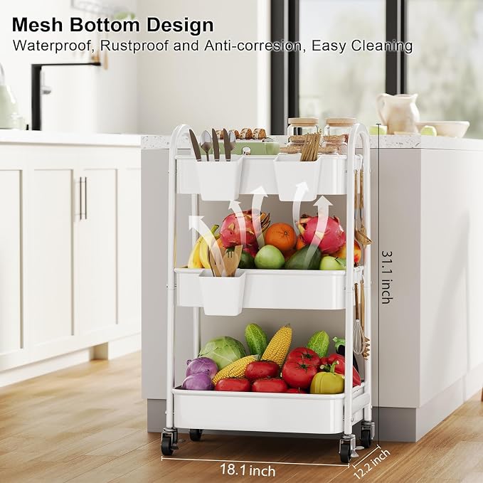 3 Tier Rolling Cart Metal with Wheels, Heavy Duty White Three Tiered Craft Cart Organizer on Wheels, Utility Roller Storage Carts for Art, Baby Nursery, Diaper Caddy, Snack,Book,Nail,Cleaning Supplies