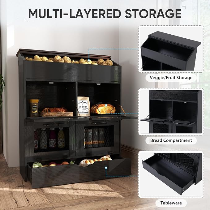 Verano Garden Large Potato Storage Bin, Wooden Bread Box with Lid, Potato and Onion Storage Bin with 4 Mesh Doors & Removable Drawer, Fruit and Vegetable Storage Rack for Pantry Kitchen (Black, 31.5")