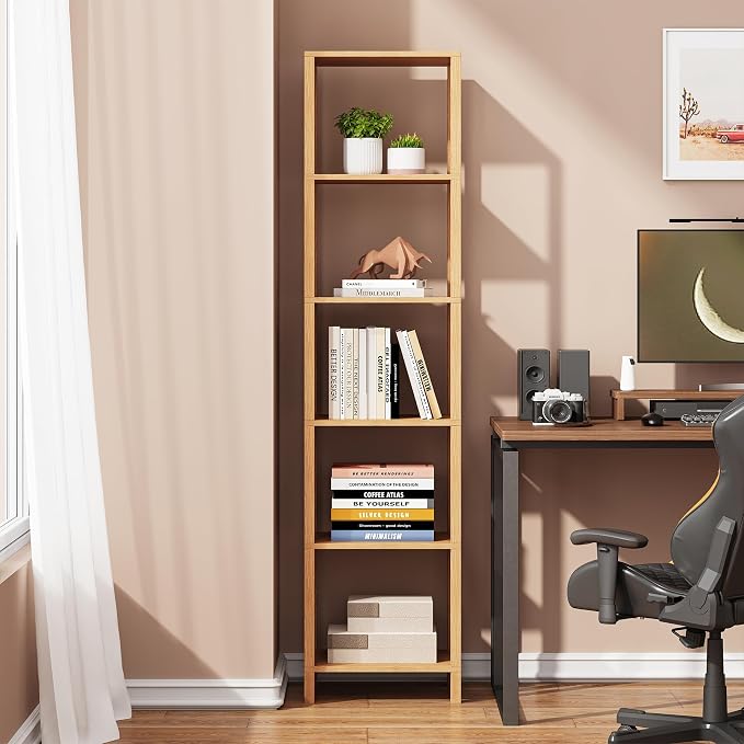 TUTOTAK Bookshelf, 6-Tier Tall Book Shelf, Narrow Bookcase for Small Space, DIY Stackable Bookshelf, for Living Room, Office, Study, Entryway, Industrial, Natural BS01BN006