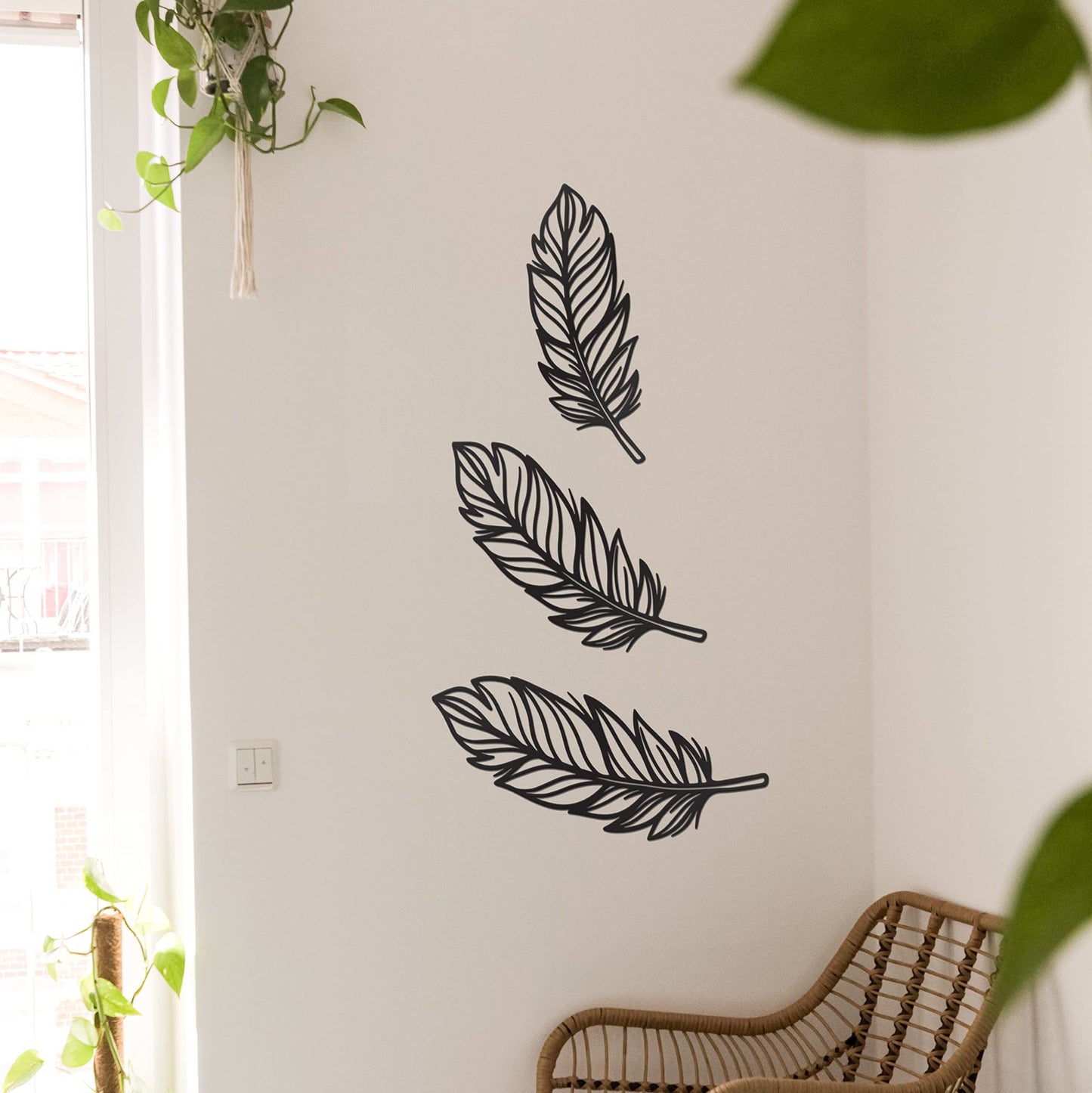 Vivegate 3 PCS Metal Feather Sign Metal Wall Decor - 17"X17" 3 PCS Black Modern Beautiful Boho Feathers Farmhouse Metal Wall Signs for Hanging Any Room Wall Art Decor