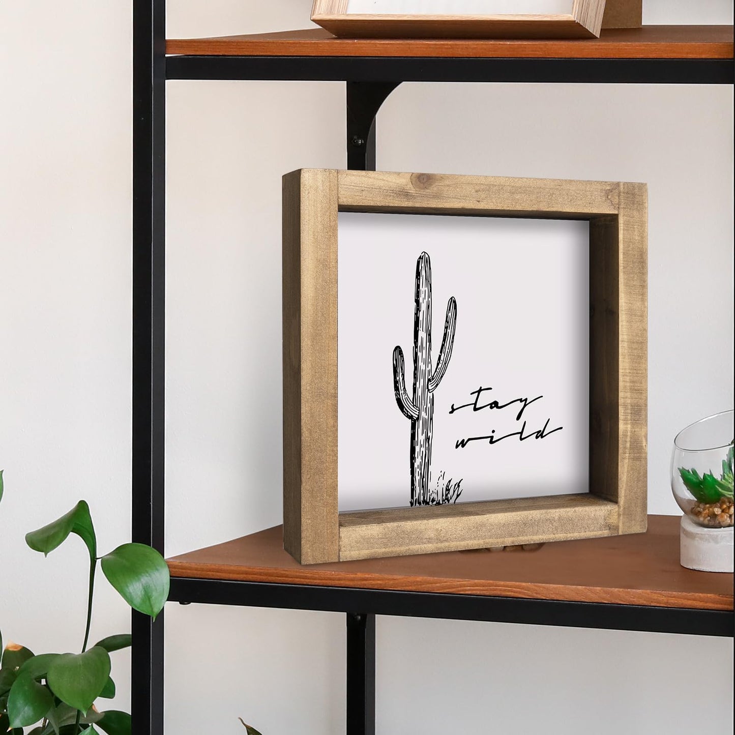 flangairy Western Wall Decor, Cactus Wall Art, Wood Southwest Desert Sign, Southwestern Living Room Aztec Home Farmhouse Table Desk Shelf Boho Decorations