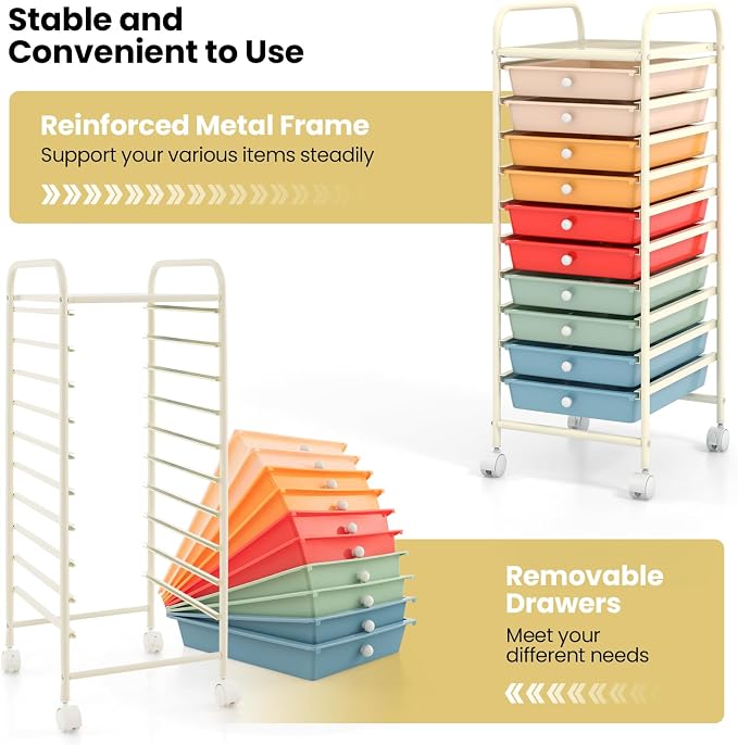 COSTWAY 10-Drawer Rolling Storage Cart, Utility Mobile Trolley with Removable Drawers & Universal Casters & 2 Brakes, Versatile Flexible Drawer Organizer Cart for Home, Office, Macaron