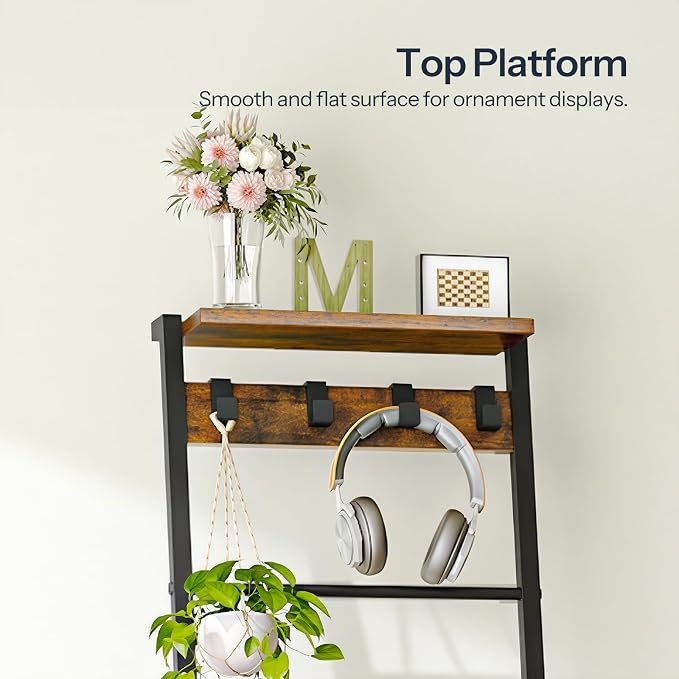 HOOBRO Blanket Ladder,Towel Rack with Hooks, Decorative Display Ladder Shelf, for Scarves, Industrial, Living Room, Bedroom, Rustic Brown and Black, BF52CJ01-BF13CJ01