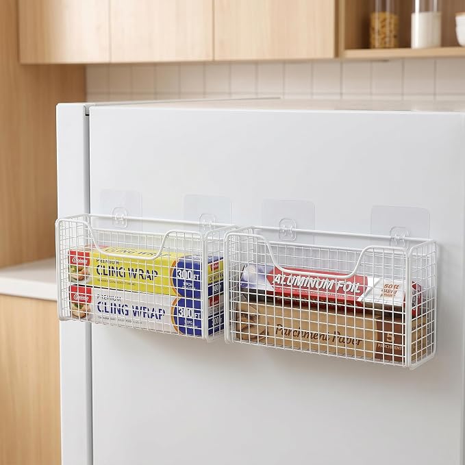 2 Pack Aluminum Foil Organizer, Foil and Plastic Wrap Organizer, Pantry Kitchen Cabinet Door Organizers, Self Adhesive Wall Mounted Storage Hanging Basket for Ziplock Bag, No-Drill, Mesh Metal, White
