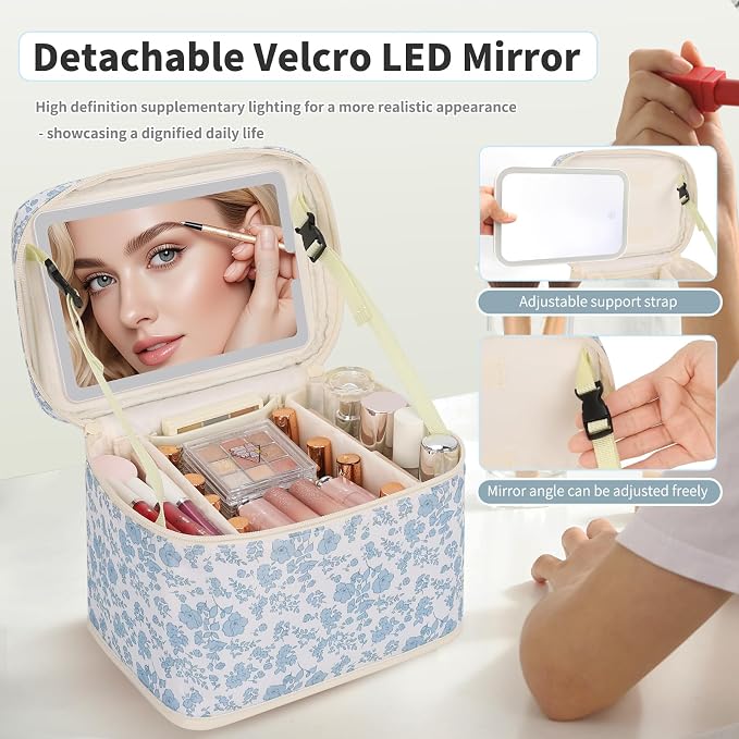 OCHEAL Large Makeup Bag With LED Mirror, Lightweight Travel Makeup Bag With 3 Color Setting Light Up Mirror Cosmetic Makeup Organizer Vanity Case for Women Beauty Tools Accessories Train Case-Floral