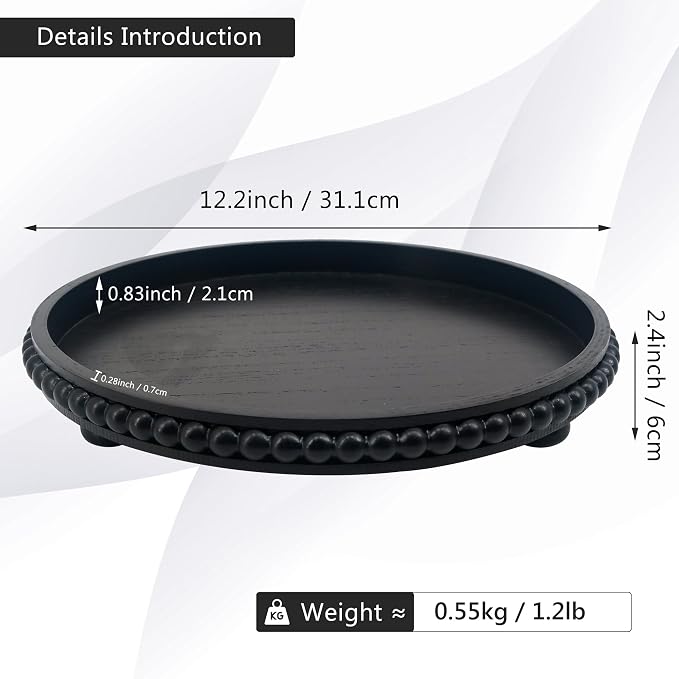 FramePro Decorative Tray 12in Round Wood Beaded - Black Serving Tray Risers for Living Room, Coffee Table, Kitchen or Farmhouse Display