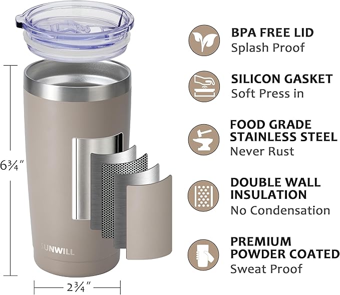 SUNWILL Travel Coffee Tumbler 20 oz, Insulated Mug with Lid, Stainless Steel Cup for Outdoor, Powder Coated Taupe