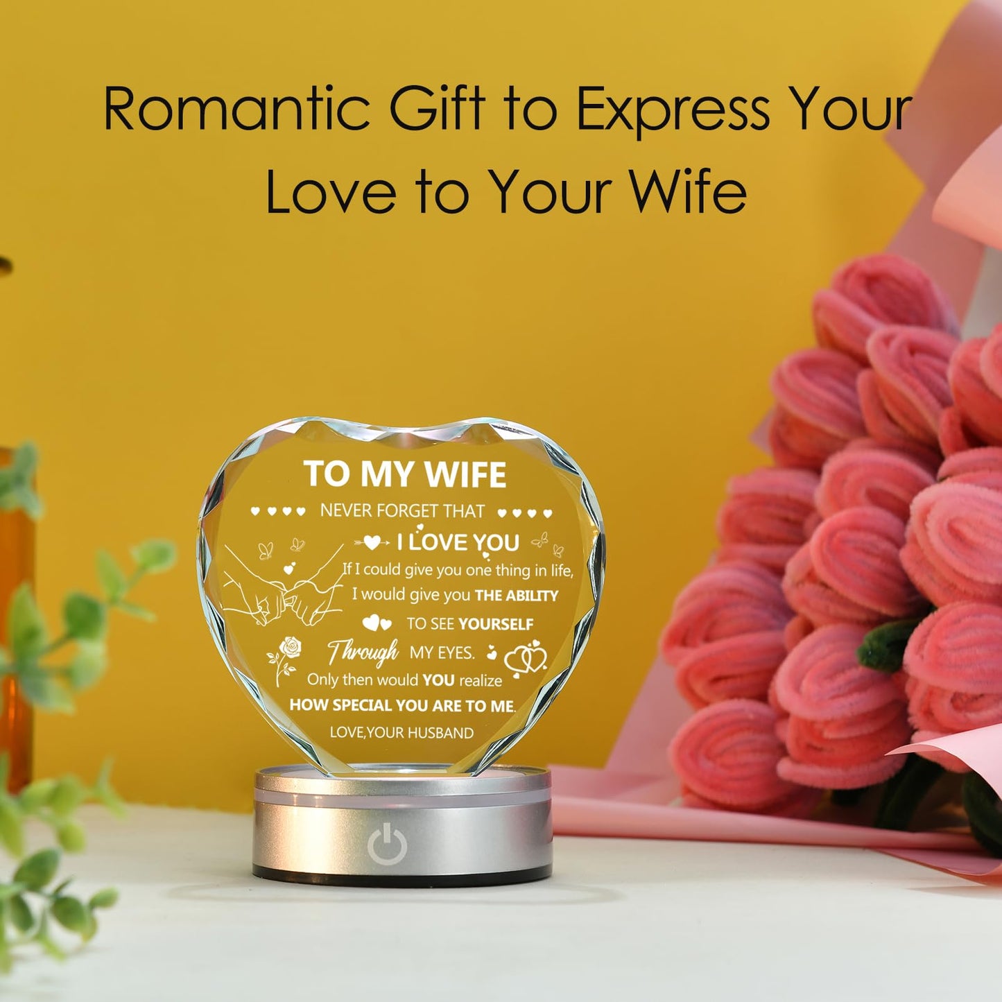 IFOLAINA Gifts for Wife I Love You Gifts from Husband Romantic Wife Birthday Gifts IdeasTo My Wife Heart Crystal Plaque with Lighted Base Wedding Anniversary Crystal Lamp