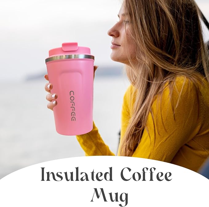 YINBAOGE Insulated Travel Coffee Mug, Spill & Leak Proof, Portable To Go Camping Stainless Steel Coffee Tumbler, Reusable Thermal Coffee Cup with Lid for Hot & Cold Drinks (2nd-Pink, 17 OZ)