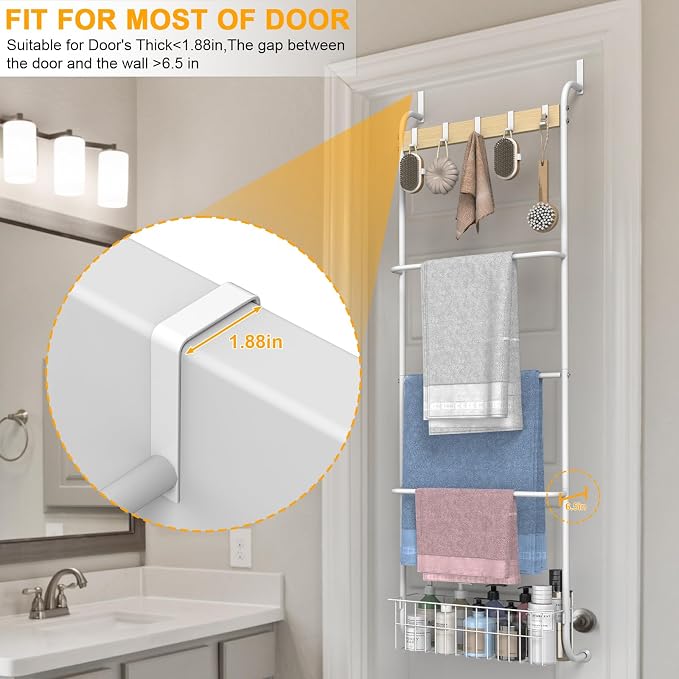 Over The Door Towel Rack,5-Tier Over Door Towel Racks for Bathroom,Towel Rack with Hooks and Basket Door Hanging,Blanket Ladder for Living Room White