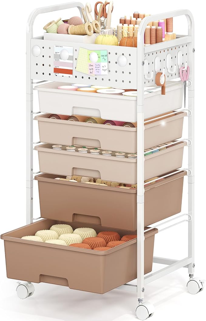 5 Drawer Rolling Storage Cart with Pegboard Top and Hooks, Mobile Organizer Cart with Wheels for Office Supplies, Craft Storage, Classroom Organization, Home Utility Cart, Brown