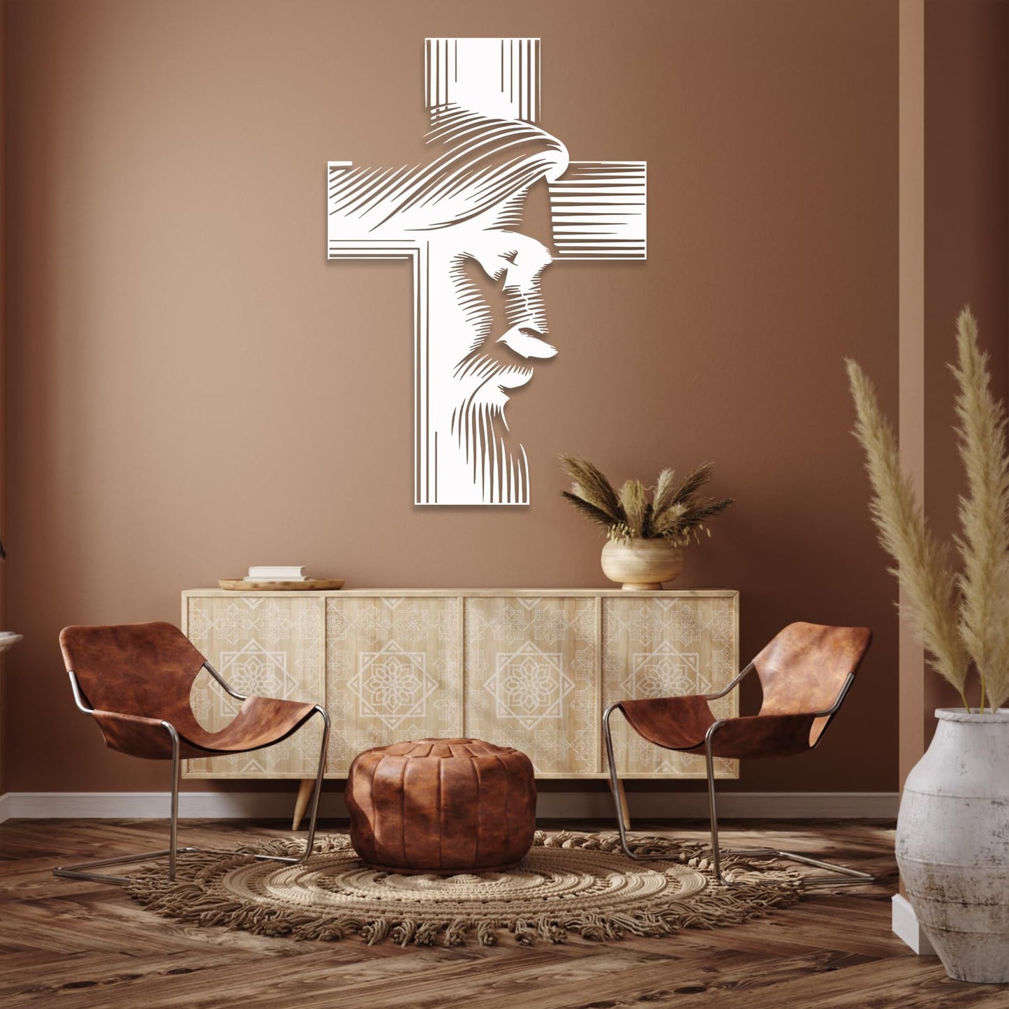 Metal Jesus Cross Wall Decor, Modern Christian Wall Art Sign, Black Metal Religious Hanging for Home Office Prayer Room, Framed Wall Decoration Ready to Hang (Gold, 35x24in|90x62cm)