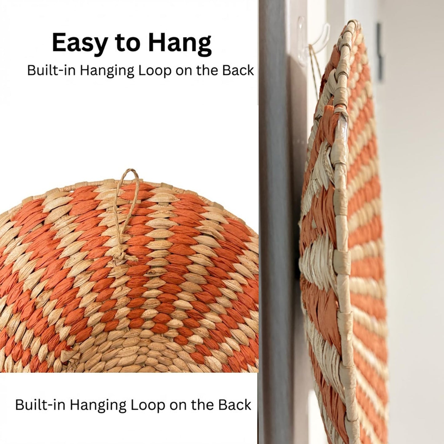 Pwryon Deosur 3PCS Boho Wall Basket Decor – Handmade Bulrush Woven Tray Baskets for Wall Hanging, Rustic Farmhouse Wall Art for Living Room & Bedroom (Orange)