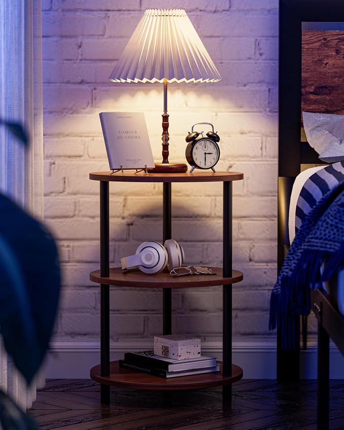 XBurmo Small Round End Table - 3 Tier Design Accent Table, Narrow Side or Bedside Stand, Industrial Vintage Nightstand for Bedroom, Living Room, or Small Spaces, Set of 2, Rustic Walnut
