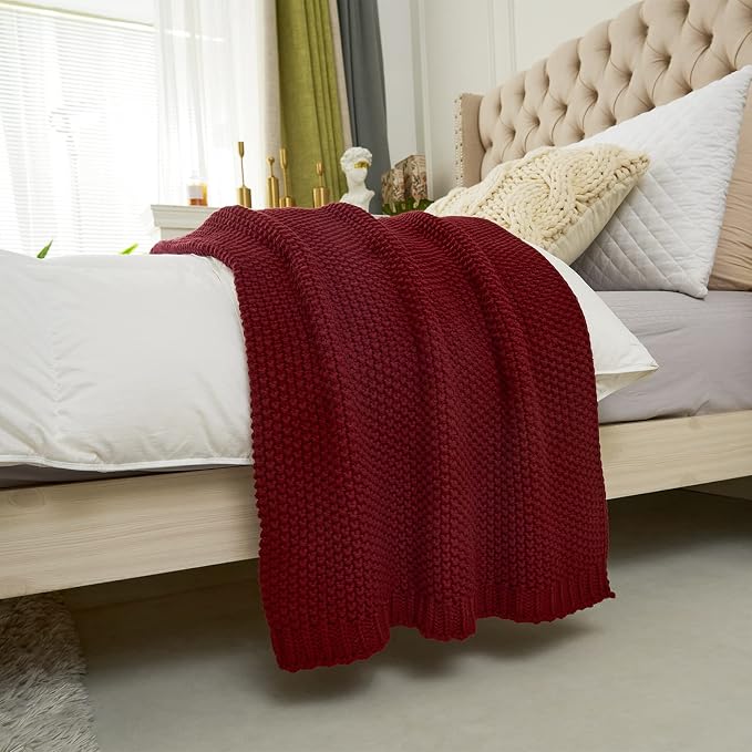 Longhui bedding Chunky Cable Knit Throw Blanket Lightweight Wine red 100% Organic Cotton Blanket for Sofa Couch Bed Baby Nursery, Rustic Shabby Chic Modern Farmhouse, 60” x 80” Give Laundering Bag