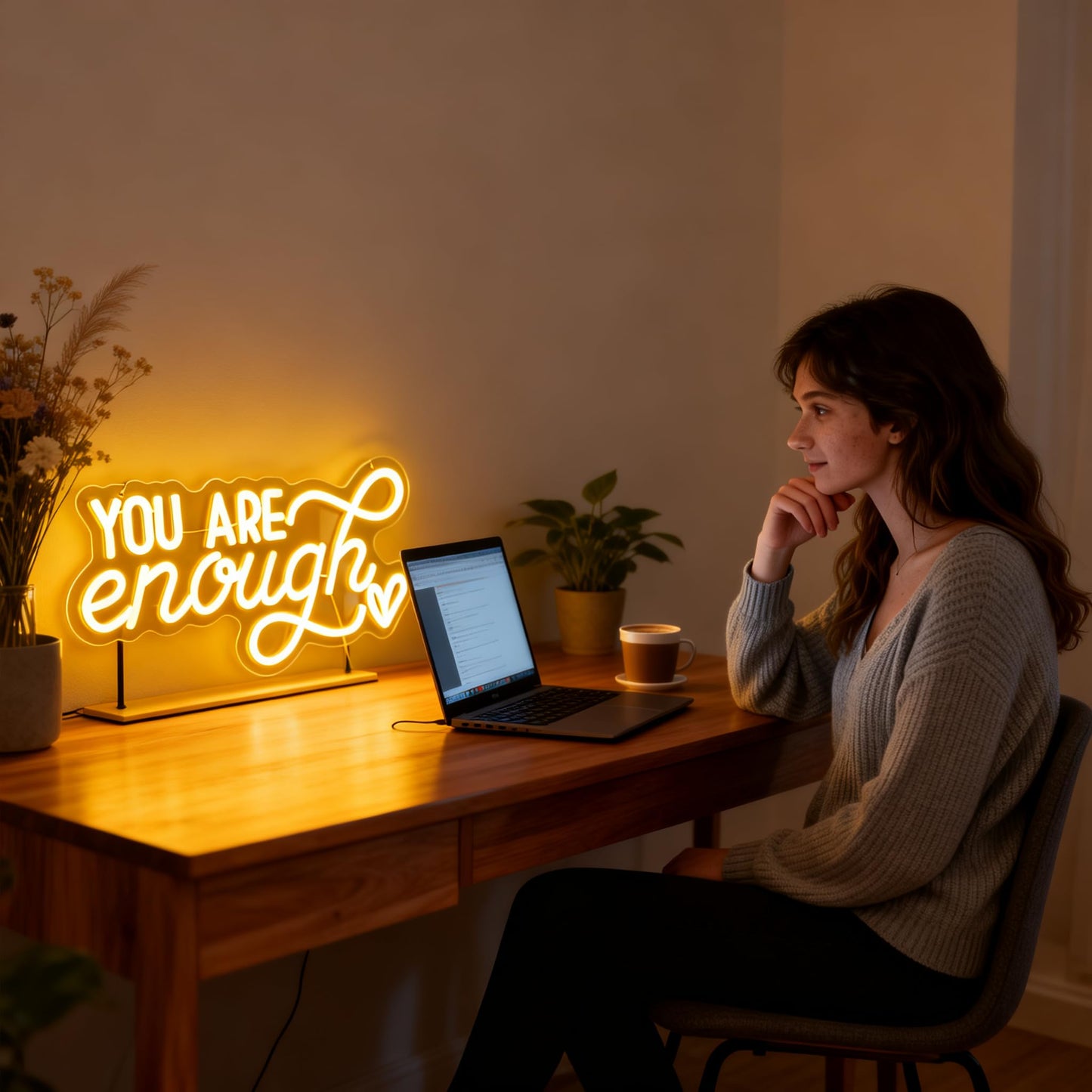 You Are Enough Neon Sign, Self Love Neon Light with Floral Decor, Motivational Wall Art for Bedroom, Therapy Office Decor, Mental Health Awareness Gift, USB Dimmable (16.5"x8.3")