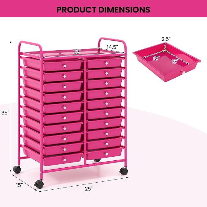 COSTWAY 20-Drawer Rolling Storage Cart, Utility Storage Organizer Cart for Tools, Scrapbook, Paper, Craft, Multipurpose Storage Trolley on Wheels for Home Office School, Hot Pink