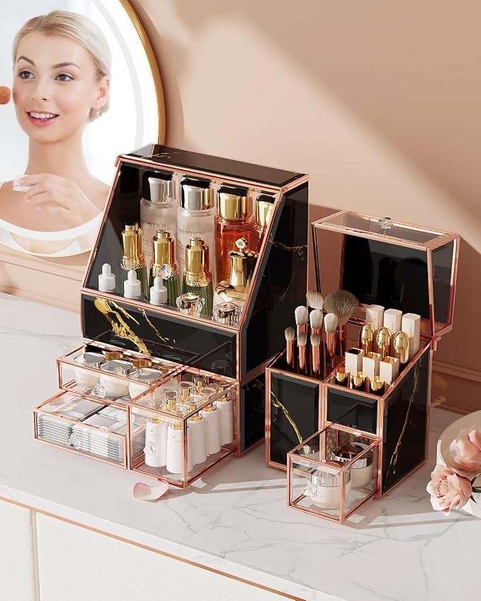 CoralHouse Black Glass Makeup Organizer with Lid, 3-Piece Vanity Organizer with Gold Frame, Cosmetic Display Case for Skincare, Perfume, Lipsticks, Brushes, Bathroom Countertop & Dresser