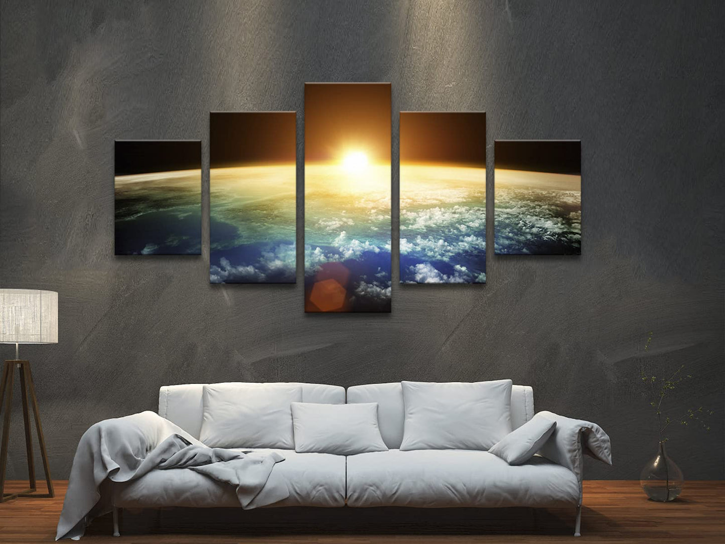 Pyradecor The Earth Large 5 Panels Modern Gallery Wrapped Landscape Canvas Print Space Pictures on Canvas Wall Art Work Ready to Hang for Living Room Bedroom Home Office Decor L