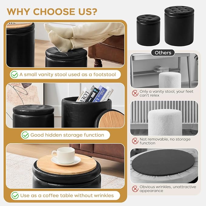 oakvivo Round Ottoman with Storage Set of 2, 12.6" W x 14.17" H & 14.76" W x 17.32" H Faux Footstool Storage Ottomans for Bedroom, Living Room Padded Coffee Table Ottomen, Black