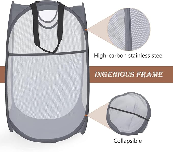 HOUSE AGAIN 2 Pcs Pop Up Laundry Hamper, Strong Mesh Laundry Baskets Collapsible, Hamper with Handles and Side Pocket, Portable Foldable Dirty Clothes for Dorm, Laundry room and Travel Storage, Grey