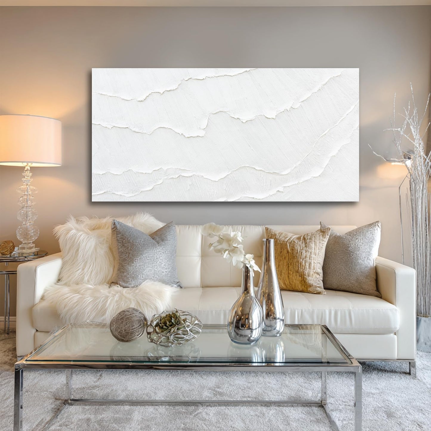 WINKAILIN White Abstract Textured Wall Art Modern 24x48 inch Canvas Ocean Wave Artwork Minimalist Hand-drawn Painting Contemporary White Posters Print for Living Room Bedroom Office Décor