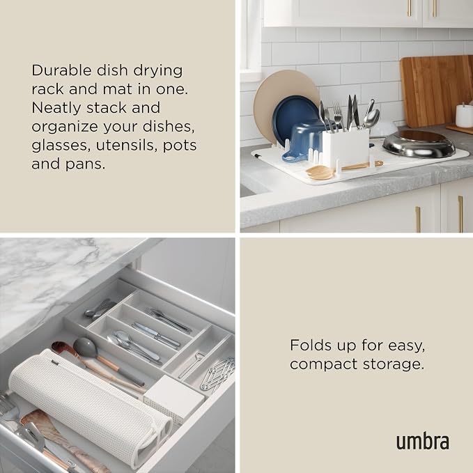 Umbra UDry Dish Drying Rack with Mat – Kitchen Countertop Dish Drainer & Absorbent Microfiber Drying Mat, Foldable Dish Rack Organizer for Plates, Cups & Utensils, Sand