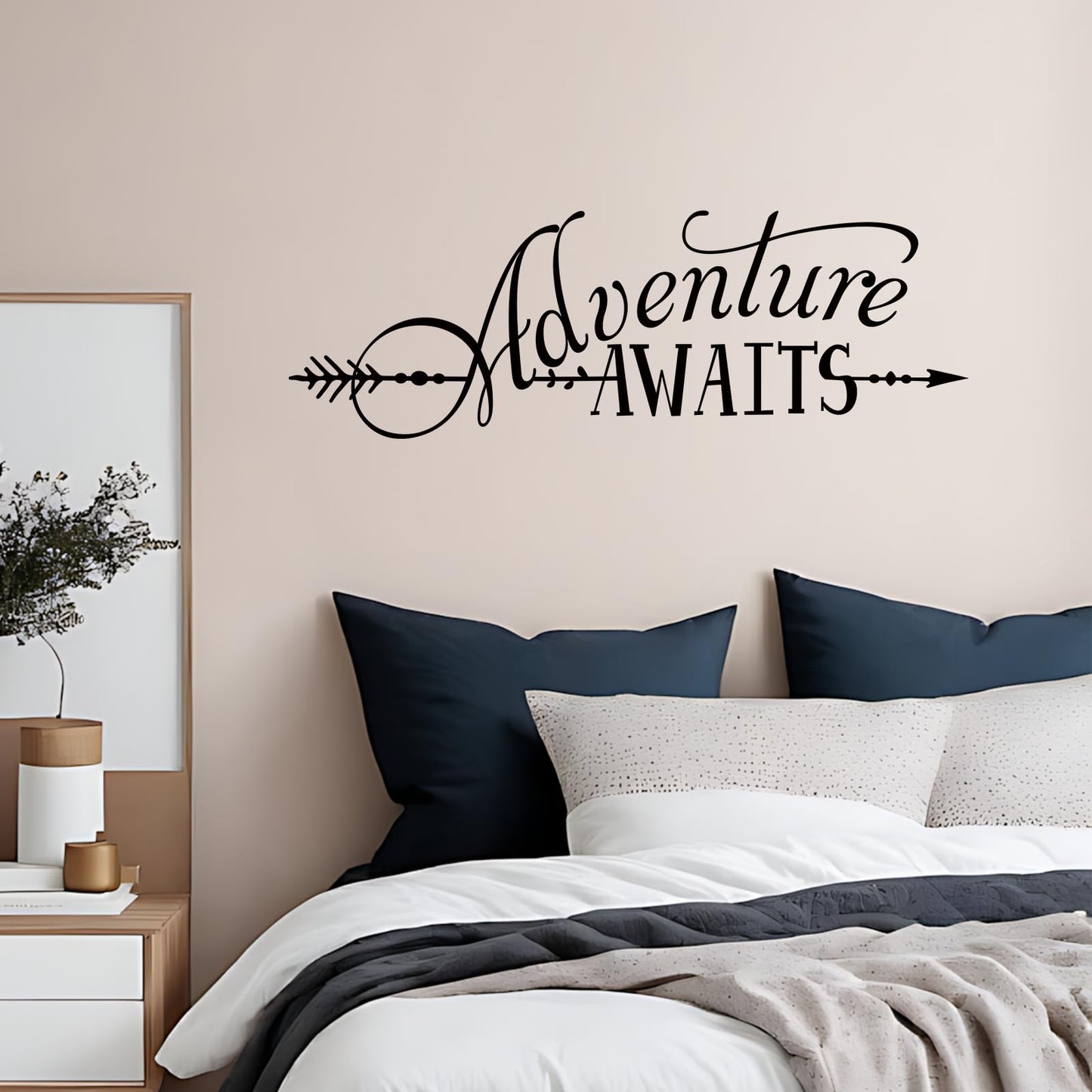 BATTOO Adventure Awaits Wall Decal Quote, Vinyl Lettering with Arrow, Adventure Quote Travel Wall Decal Sticker 22" W 7.5" H, Tribal Theme Room Decor, Black