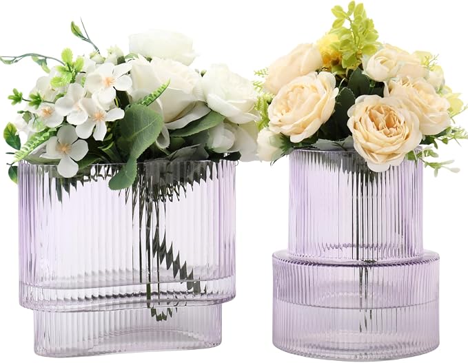 Purple Glass Vases, Set of 2 Ribbed Vases for Flowers, Purple Vase for Tulips, Modern Glass Vase for Living Room, Dining Table, Office, Entryway, Mantle, Bookshelf, Wedding Gifts