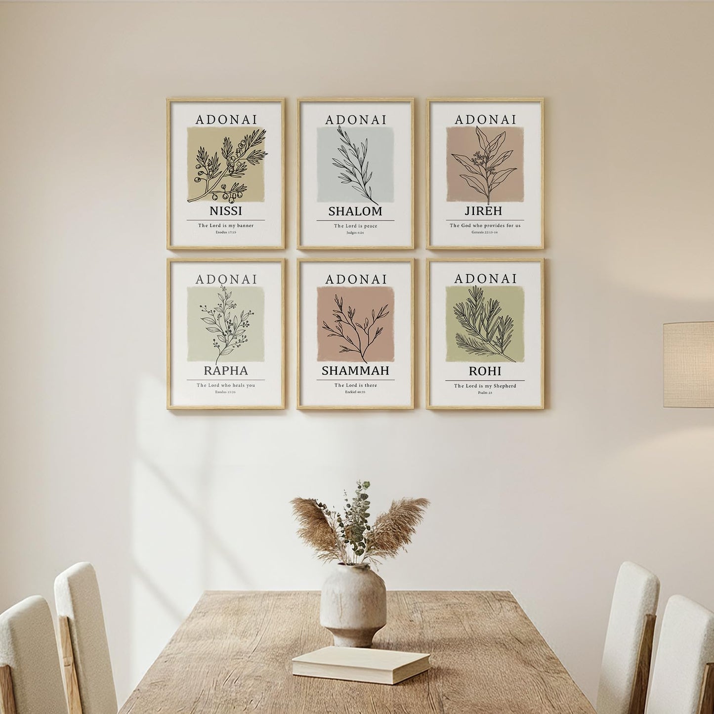 Framed Christian Scripture Wall Art, Set of 6 Minimalist Bible Verse Prints, Names of God Faith Based Neutral Boho Botanical Leaf Artwork for Bedroom Living Room Office Hallway Home Decor, 11x14 Inch