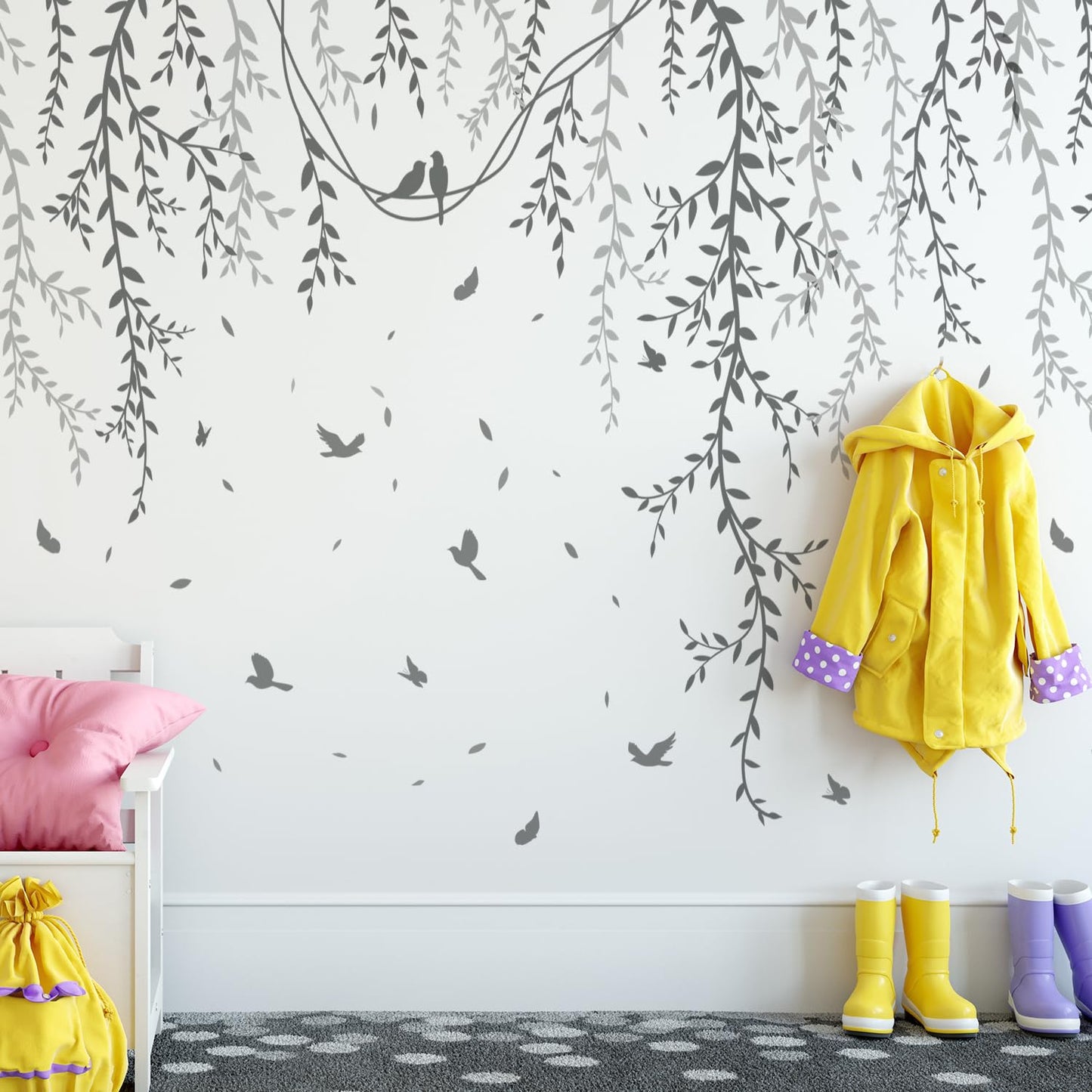DRWSSR 3D Removable Grey Vines Wall Stickers - Peel & Stick DIY Wall Decals with Flying Birds, Waterproof PVC Wall Decor for Kids Room, Bedroom, Living Room, Office (30x45cm x6, 89x164cm Coverage)