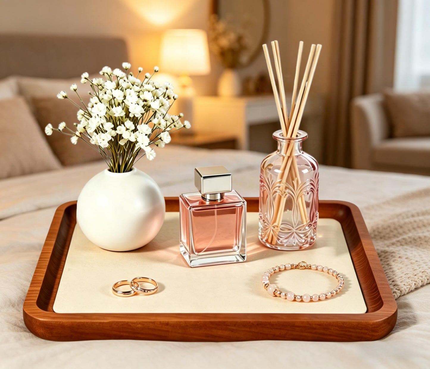 YUQIN Wooden Jewelry Display Tray Rounded Rectangle Ring Showcase Stackable Elegant Bracelet Watch Jewelry Organizer for Personal Use and Commerce (Old Lace, Large-W 7'' x H 0.6'' x L 7.9'')