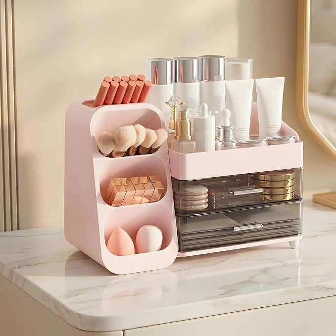 Brothersbox Makeup Organizer with Brush Holder for Vanity, Large Countertop Skincare Storage with 2 Drawers, Holds Lipsticks, Nail Polishes, Perfumes, Brushes - Gift for Women, Pink