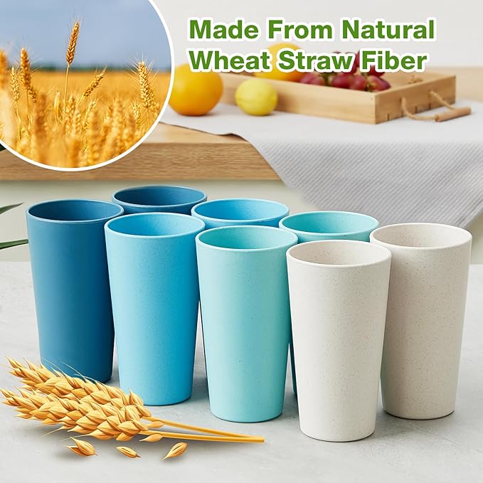 Hlukana Wheat Straw Cups Set of 8, 20 oz Unbreakable Drinking, Chip Resistant, Reusable Water Set, Large for Kitchen, Camping, BPA Free Cups, Dishwasher & Microwave Safe Tumbler