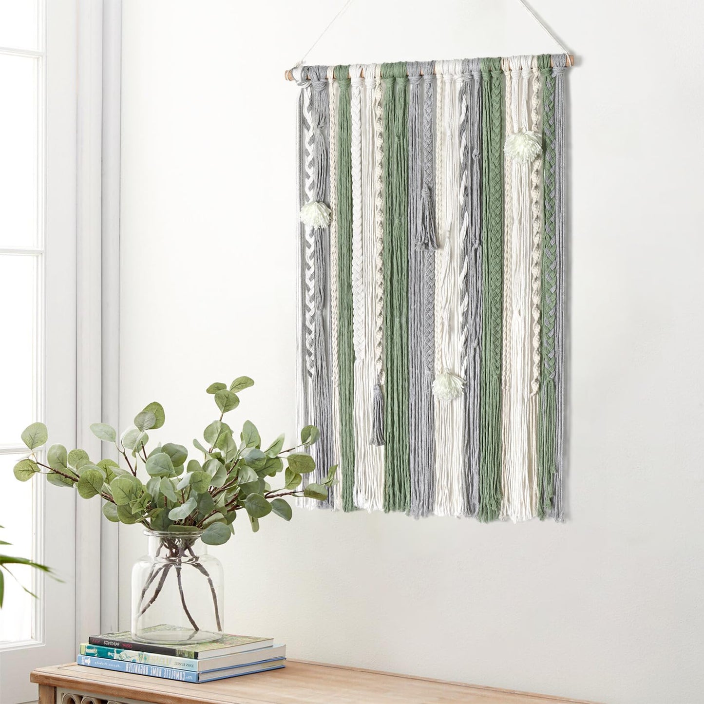 LOMOHOO Large Macrame Wall Hanging Boho Chic Home Decor, Green Gray Beige Yarn Tassel Woven Fringe Handmade Wall Art Decoration for Bedroom Living Room, Gift for Friend Girls Adults 23.6" Wx 34" L
