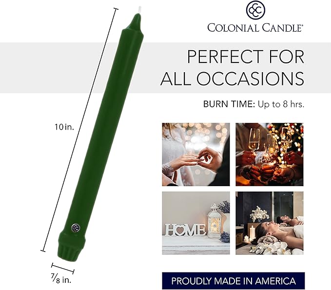 Colonial Candle Unscented Taper Candle, Classic Collection, Evergreen, 10 In, Pack of 12 - Up to 8 Hours Burn
