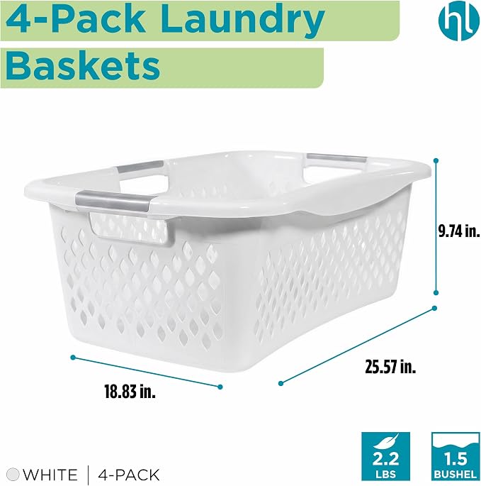 Home Logic 1.5 Bushel Plastic Laundry Basket Front Load, Large Laundry Hamper with Handles, Ventilated Clothes Organizer for Bedroom Bathroom Closet, 4 Pack, White