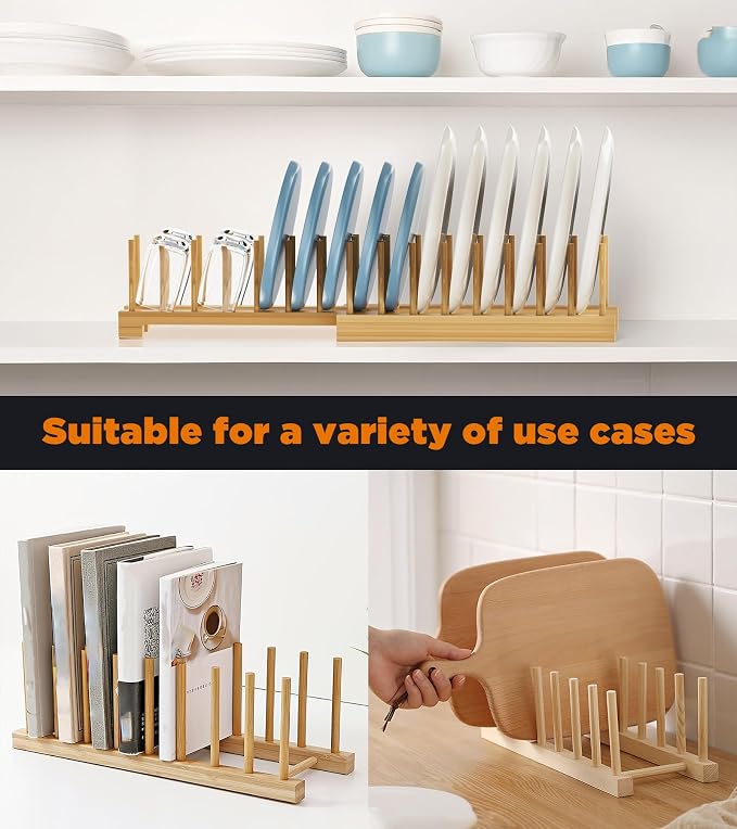 Bamboo Dish Drying Rack Set of 2, Adjustable Plate Organizer for Cabinet, Space-Saving for Plates, Bowls, Cups, Pot Lids & Cutting Boards, Vertical Bamboo Plate Holder Rack Dish Organizer