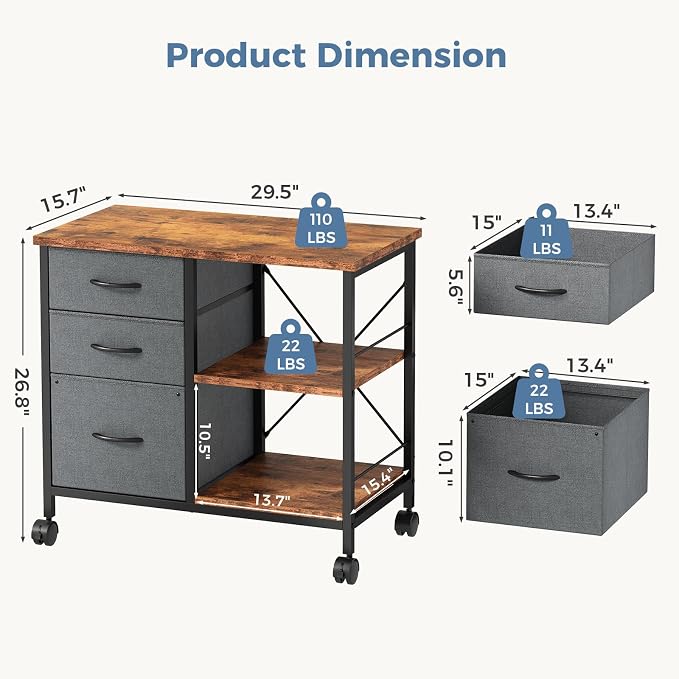 OLIXIS 3-Tier Printer Stand with Fabric Storage Drawer, Rolling Printer Cart with Lockable Wheels and Metal Frame, Under Desk Table with Open Storage Shelf for Small Spaces, Home, Office, Gray